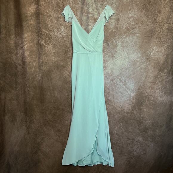 David's Bridal Sage Green Chiffon Maxi Dress Ruffled Short Sleeve Empire Waist - Picture 1 of 7